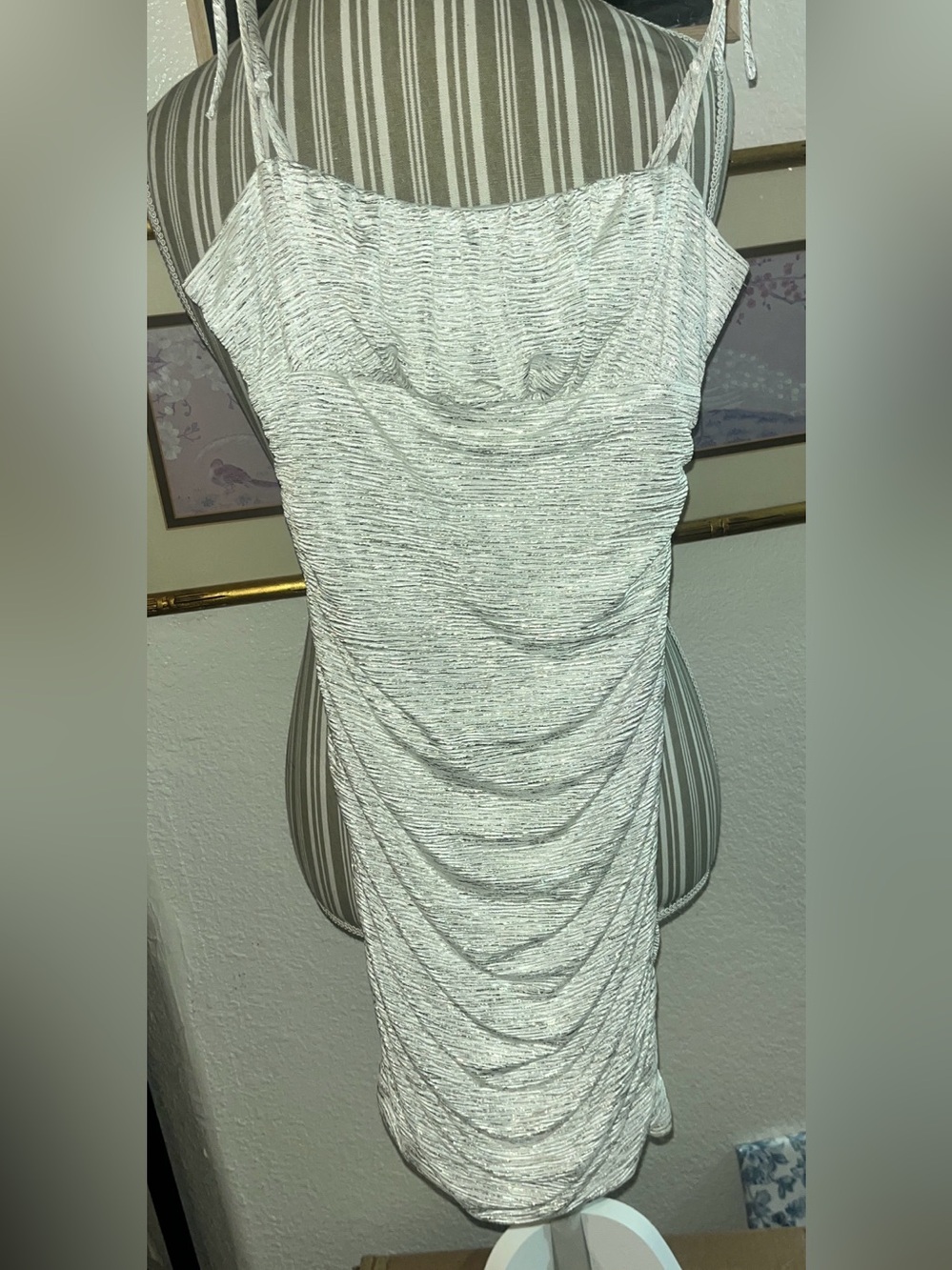 Vintage Y2K City Vibe Silver Metallic Ruched Cowl Mini Dress Size 1 USA